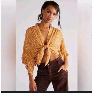 Free People Calisto Bed Jacket Honey Womens XS Bohemian Floral Yellow Autumn